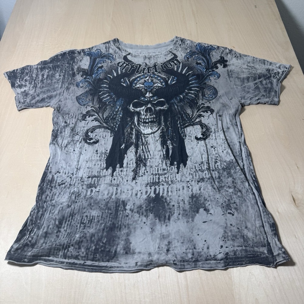 Affliction Mens Shirt Size X-Large Horned‎ Skull Head Dress Rare Distressed Y2K